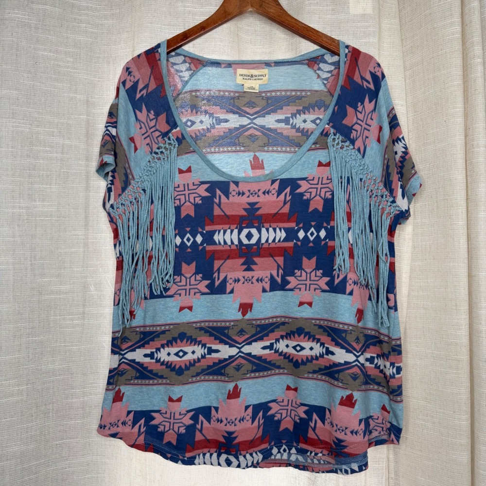 Denim & Supply Ralph Lauren Southwestern Fringe Top Blue Pink Geometric Large